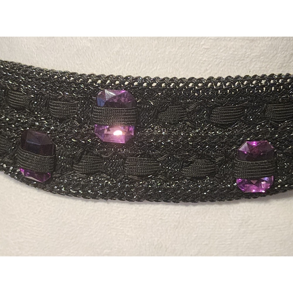 Vintage Black Metallic Knit Waist Belt Purple Faceted Stones Tassel Tie